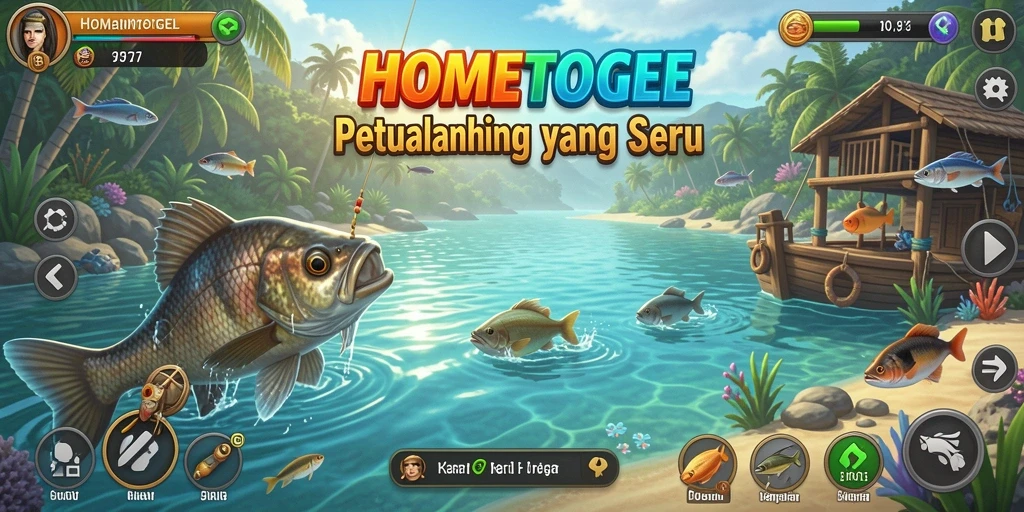 Tampilan gameplay HOMETOGEL yang memukau saat memancing.